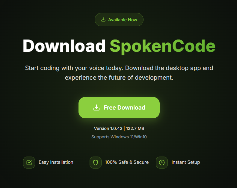 Página de descarga del sitio web de SpokenCode con el botón de descarga del instalador de Windows
