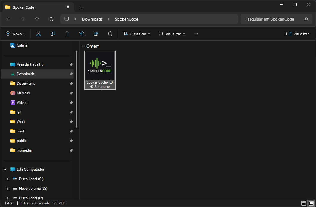 Explorador de Windows mostrando el archivo instalador .exe de SpokenCode