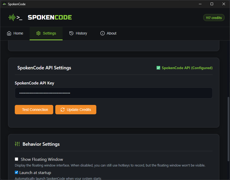 Aba Configurações do SpokenCode com o campo Chave de API e o botão Testar Conexão