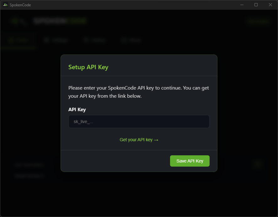 Modal de configuração da chave de API no primeiro uso do SpokenCode