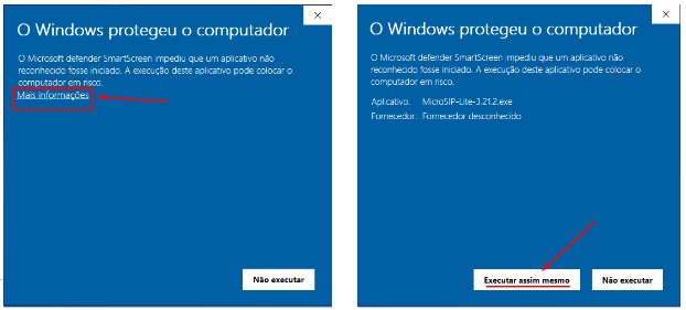 Diálogo do Windows SmartScreen com o link "Mais informações" destacado